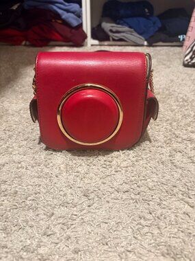 Michael Kors Red Leather Camera Crossbody Bag Gold Chain Strap